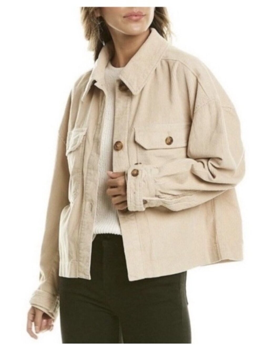 Avec Les Filles Woman's Sz L Cream Corduroy Cropped Oversize Button Up Jacket